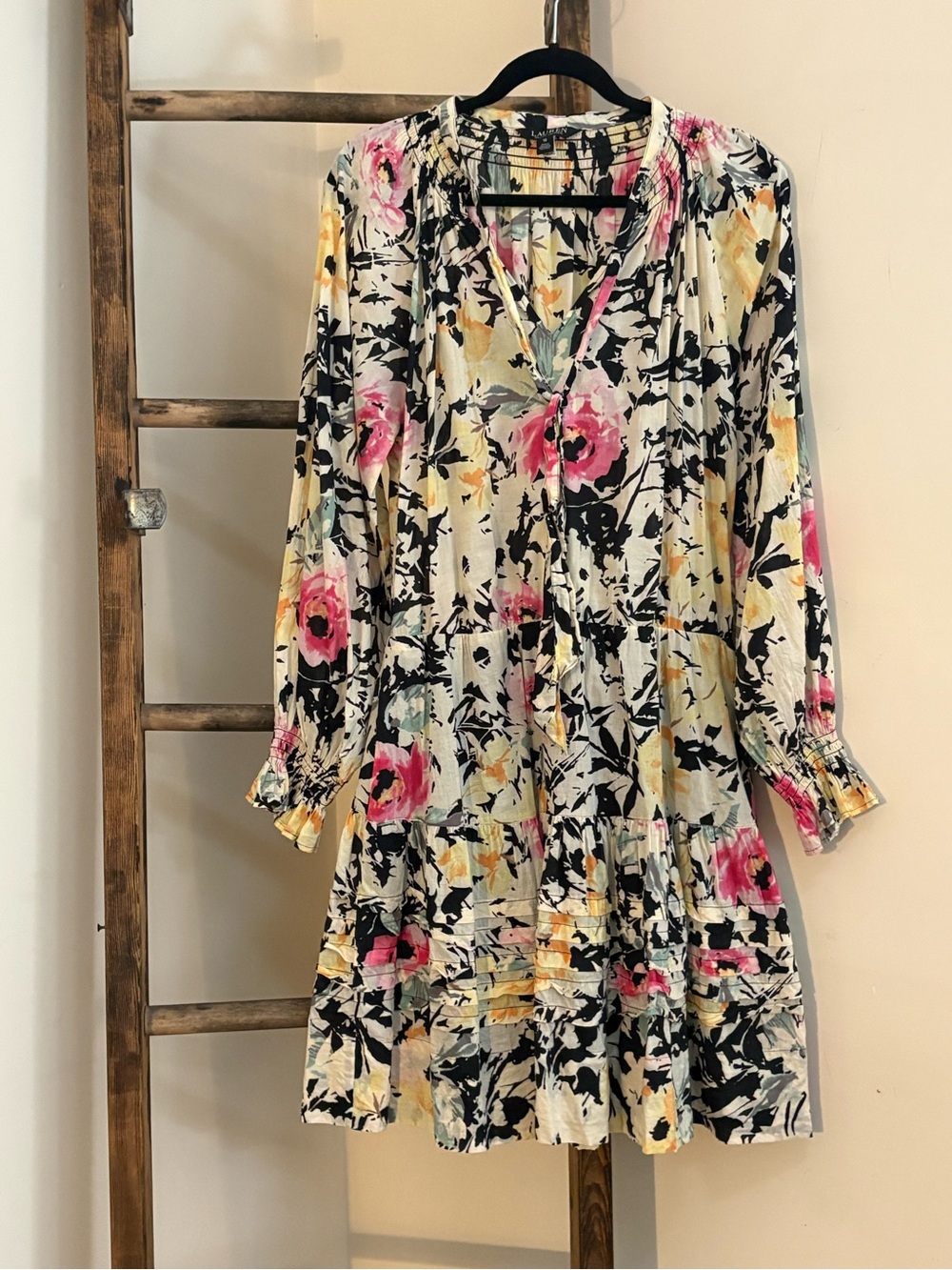 Floral Tiered V-Neck Dress in Cream and Pink